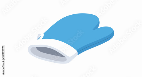 Blue oven mitt on white background, kitchen accessory for safe cooking and baking tasks. Thick blue oven mitt offers essential heat protection for handling hot dishes, pots, and pans.