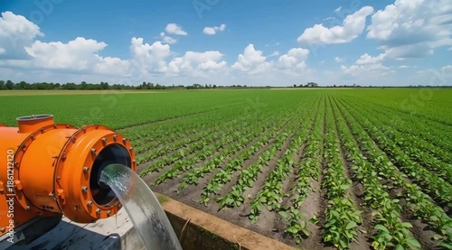 Water flows from orange industrial pump through black pipe into irrigation ditch. Stream irrigates vibrant green farm field with young crops in rows. Shows modern agriculture water supply management