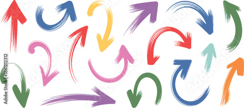 Colorful hand drawn brushstroke arrow vector set, textured paint stroke pointers for creative business presentation design