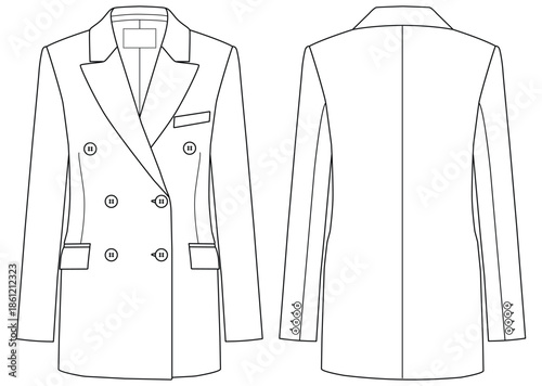 Double Breasted Blazer Flat Technical Drawing Front and Back View Vector
