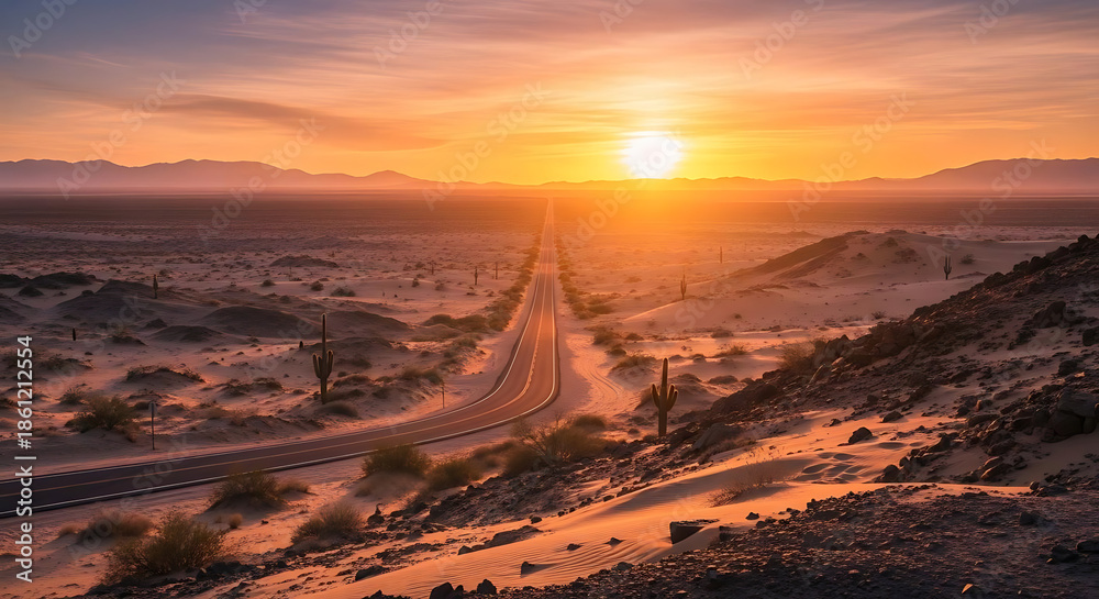 Fototapeta premium A desert landscape with a road leading to the horizon at sunset