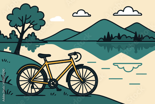 Yellow Bicycle Parked by a Calm Lake with Mountain Landscape Background