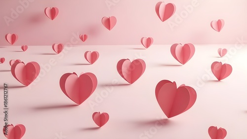 Romantic Pink Paper Hearts Scattered on a Monochromatic Background