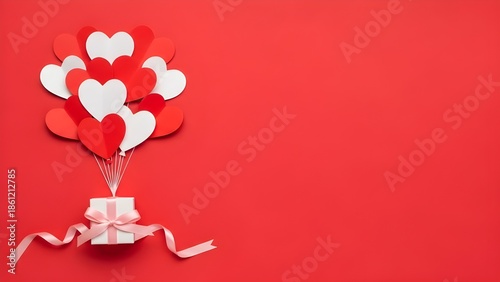 A cluster of red and white paper heart balloons lifting a small gift box against a vibrant red background.