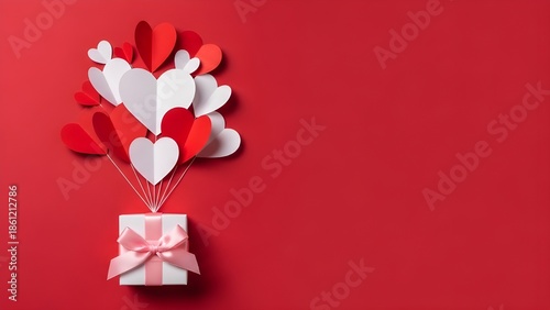 A white gift box tied with a pink ribbon and paper heart balloons on a vibrant red background.