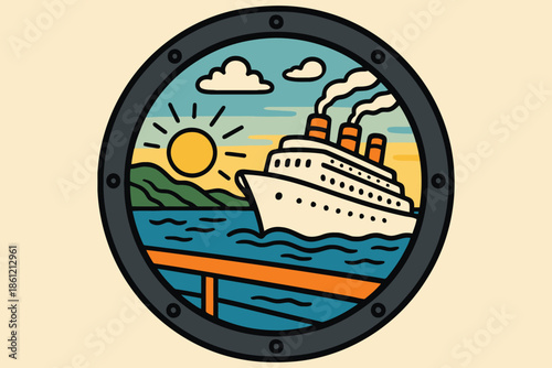 Porthole view of a luxury cruise ship on the ocean at sunset