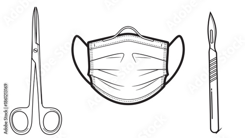 Healthcare protection and safety equipment illustration with a medical face mask surgical scissors and scalpel for clinical hygiene and pharmaceutical industry branding resources.