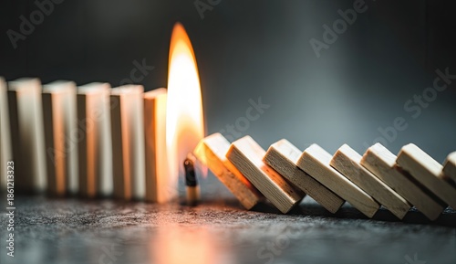 A burning match ignites a line of falling dominoes on a dark surface