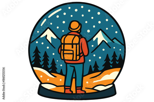 Hiker in a Snow Globe with Mountain Landscape and Winter Forest