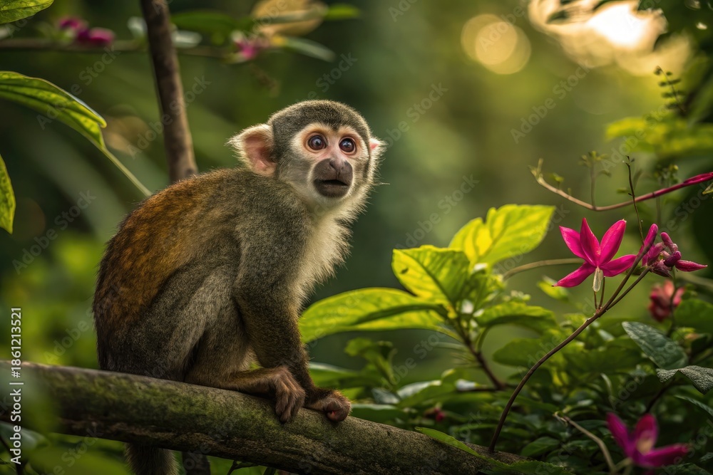 Fototapeta premium Monkey Sits on Branch Among Green Leaves and Pink Flowers in Forest
