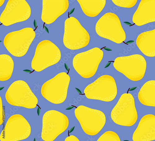 Vibrant seamless pattern with yellow pears on blue background. Minimalist flat vector fruit texture for summer textile kitchen decor fabric wrapping paper wallpaper organic food packaging design