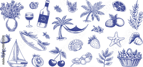 Set of hand drawn blue summer vacation icons, beach travel elements, holiday sketches isolated on white background, vector set