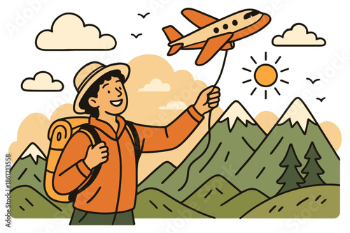 Happy hiker with a backpack dreaming of travel holding a small toy airplane