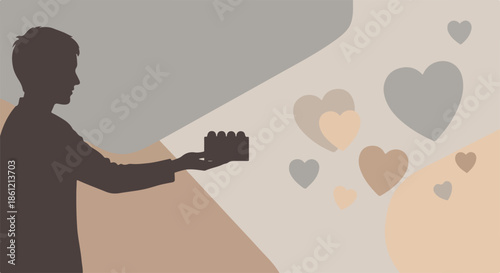 Silhouette person holding building blocks, showing building love with hearts radiating from hands. Creative building love scene represents relationship growth and emotional connection.