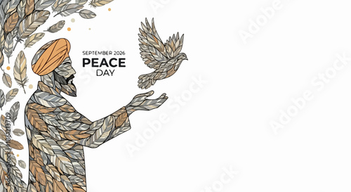 Illustrated graphic for Peace Day with man in turban and dove, both crafted from organic leaf patterns. Peaceful design represents global Peace Day, symbolizing unity, hope, and natural harmony.