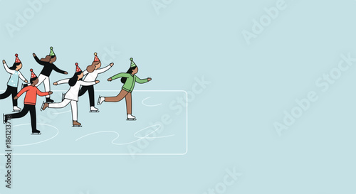 People enjoying ice skating fun, gliding on smooth rink, wearing party hats. Friends share cheerful ice skating fun, engaging in festive winter activity. Concept ice skating fun for promotions.