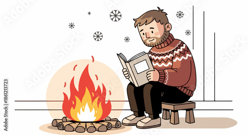 Cozy winter evening featuring a man reading a book near a crackling fireplace. This cozy winter evening setting includes snowflakes falling outside and a comfortable man wearing a warm sweater.