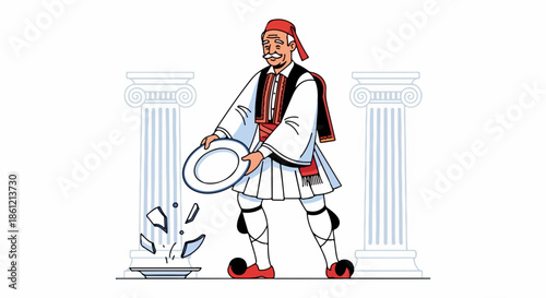 Traditional Greek plate breaking ceremony by man in national costume. Cultural Greek plate breaking ritual with ancient columns in background, representing tradition.