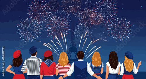 Group observing Bastille Day fireworks over Eiffel Tower, vibrant night sky. Friends celebrating Bastille Day festivities, dressed in patriotic red, white, and blue colors.