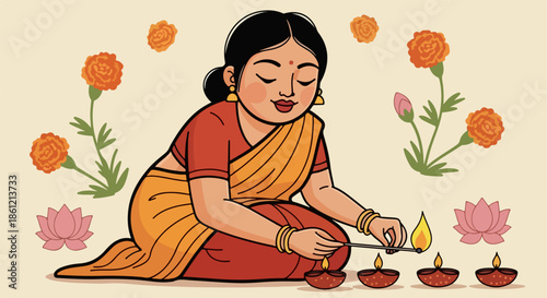 Woman lights clay diyas for Diwali festival, surrounded by marigold and lotus flowers, symbolizing light. This traditional Diwali festival brings hope, celebrates good over evil,