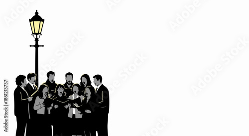 Group of Christmas carolers singing under old street lamp, presenting a festive holiday scene. Cheerful Christmas carolers dressed in formal attire spread holiday joy.