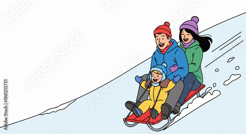Family enjoying winter sledding, speeding down snowy hill on red toboggan. Parents and child laughing, making cherished winter sledding memories. Concept for holiday ads, active recreation,