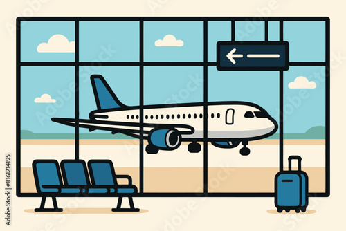 View of a commercial airplane at the gate from an airport terminal lounge window