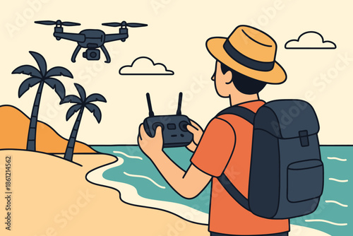 Tourist Flying a Drone over a Tropical Beach with Palm Trees and Ocean