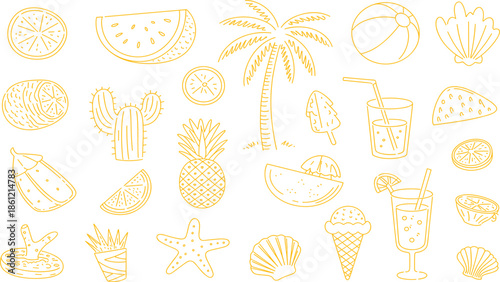 Hand drawn yellow summer tropical icon set with watermelon, pineapple, cactus, palm tree, citrus fruits and beach elements