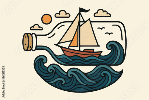 Nautical illustration of a sailboat inside a glass bottle on ocean waves