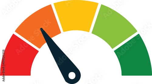 Colorful gauge meter with needle indicating low level flat vector illustration for performance measurement and status indicators isolated on white background