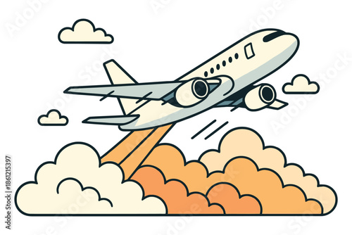 Dramatic illustration of an airplane taking off into the sky with clouds and smoke