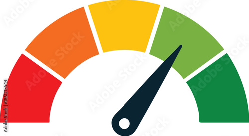 Speedometer gauge with needle pointing to green representing performance and success isolated on white background