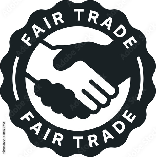 Fair Trade Certified Logo Stamp with Handshake Icon, Concept of Ethical Business Sourcing Global Sustainability and Social Justice