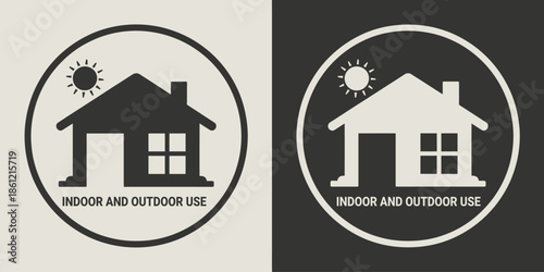 Indoor and Outdoor Use Icon Symbol with House and Sun Graphic for Product Versatility, Home Improvement and Durable Hardware Branding Label
