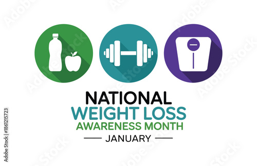 National Weight Loss Awareness Month Banner for January with Fitness Nutrition and Diet Icons, Healthy Lifestyle Transformation and Wellness Goals