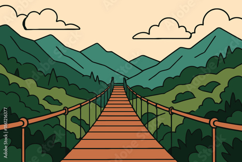 Perspective view of a wooden suspension bridge crossing over a lush green jungle valley