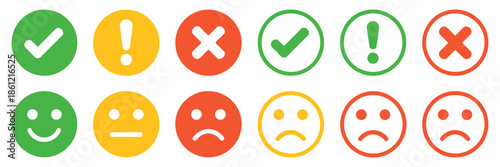 Set of flat round icon buttons, green, yellow, and red, with check marks, cross marks, alerts, and emoji, vector illustration, suitable for web design, mobile applications, and infographics.