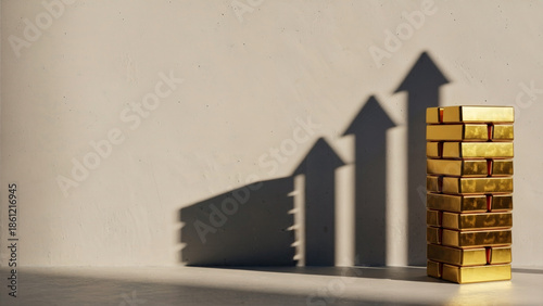 Gold ingots stacked with upward arrow shadow on wall, financial growth and investment concept, wealth protection, inflation hedge and asset security, ideal for banking, finance, fintech, and wealth