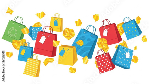 Diverse collection of colorful shopping bags with attached price tags, surrounded by scattered golden crumpled papers, for retail promotion.