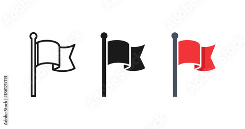 Set of flag icons: black, white, and red variations on flagpoles