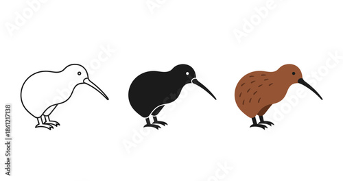 Kiwi bird icons: black, white, and brown illustrations in three styles