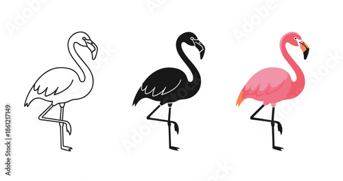 Three flamingos in different styles: outline, silhouette, and realistic pink