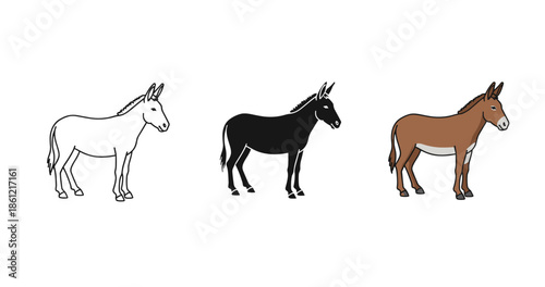 Illustration of three donkeys in different colors on white background