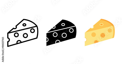 Monochrome and colored cheese slice icons with holes