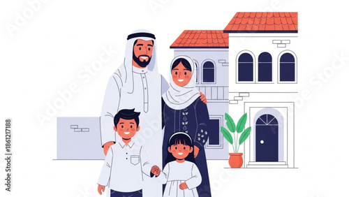 Happy smiling Middle Eastern family in traditional attire, including parents and two children, standing proudly in front of their homes.