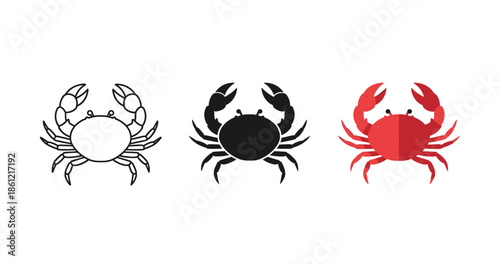 Trio of crabs: outline, silhouette, and colorful vector designs on white background