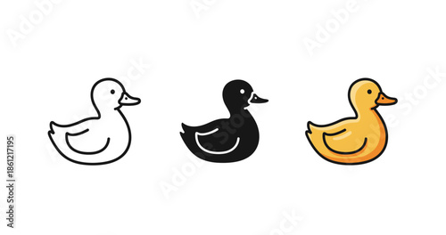 Three cartoon ducks: outline, silhouette, and colorful versions