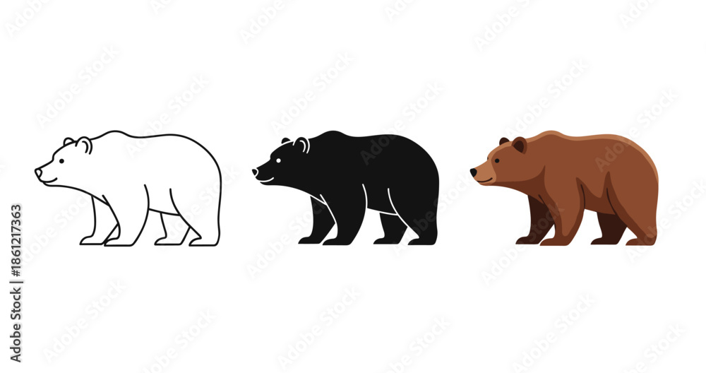 Fototapeta premium Illustration of polar, black, and brown bears in line art and color