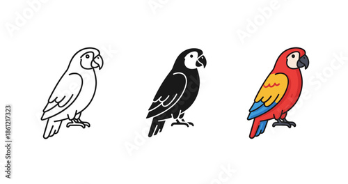 Parrot illustration: outline, silhouette, and colored versions